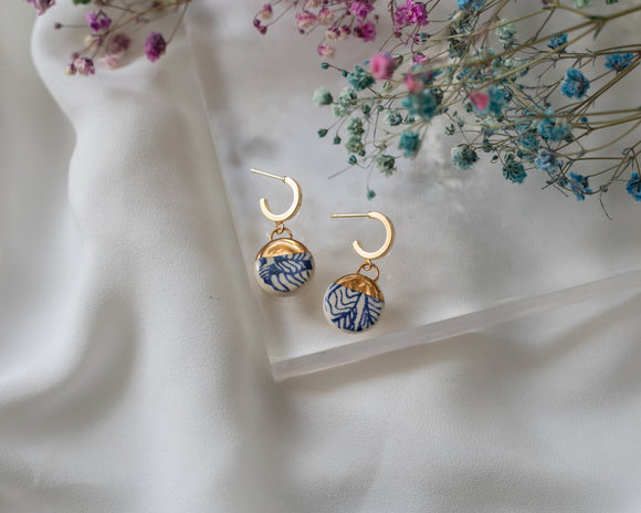 Porcelain and Gold Blue Floral Drop Earrings with Gold Huggie Hoops