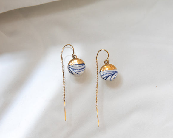 Porcelain Drop Gold Blue Floral Threader Earrings