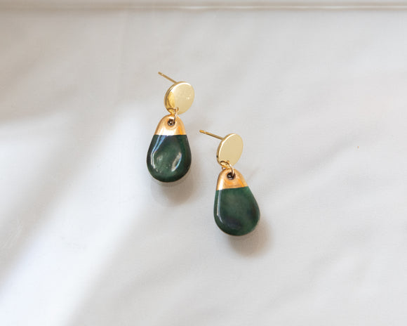 Porcelain and Gold Green Teardrop Drop Earrings