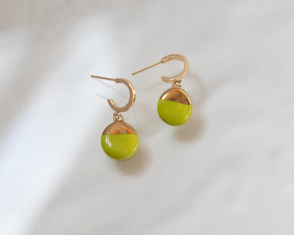 Porcelain and Gold Neon Green Drop Earrings with Gold Huggie Hoops