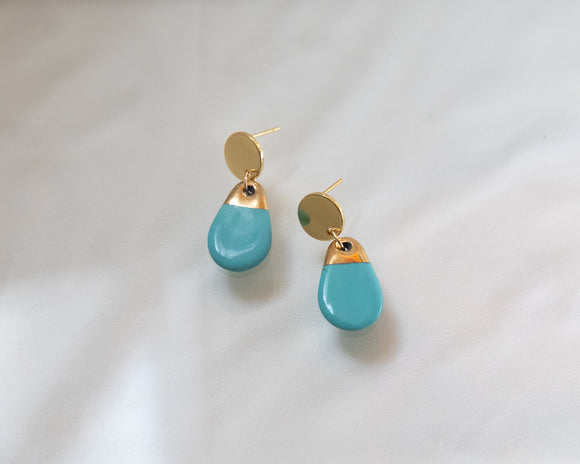 Porcelain and Gold Turquoise Teardrop Drop Earrings