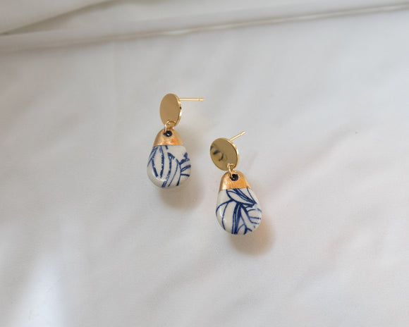 Porcelain and Gold Blue Floral Teardrop Drop Earrings