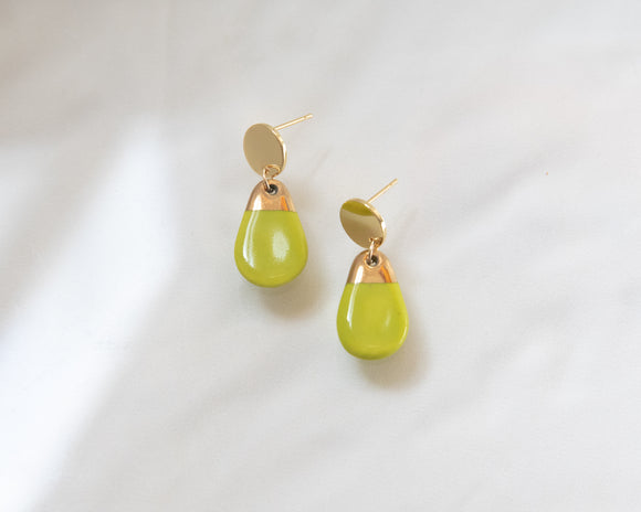 Porcelain and Gold Neon Green Teardrop Drop Earrings