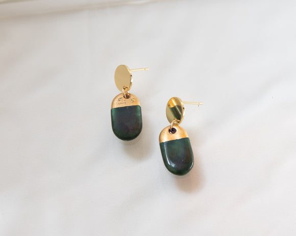 Porcelain and Gold Green Oval Drop Earrings