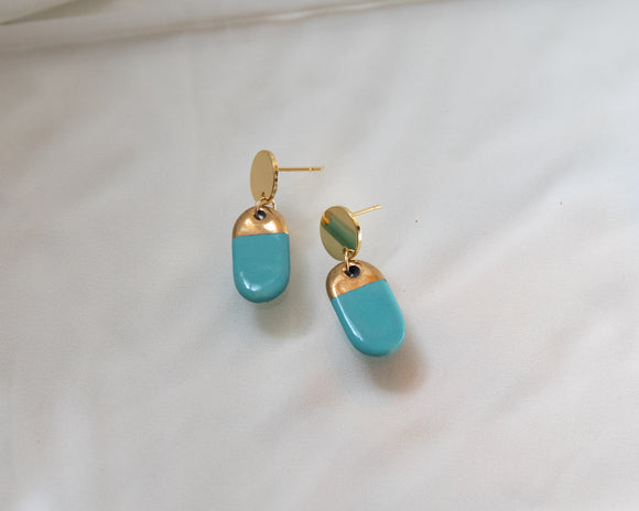 Porcelain and Gold Turquoise Oval Drop Earrings