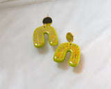 Neon Green and Gold Porcelain Drop Arch Earrings