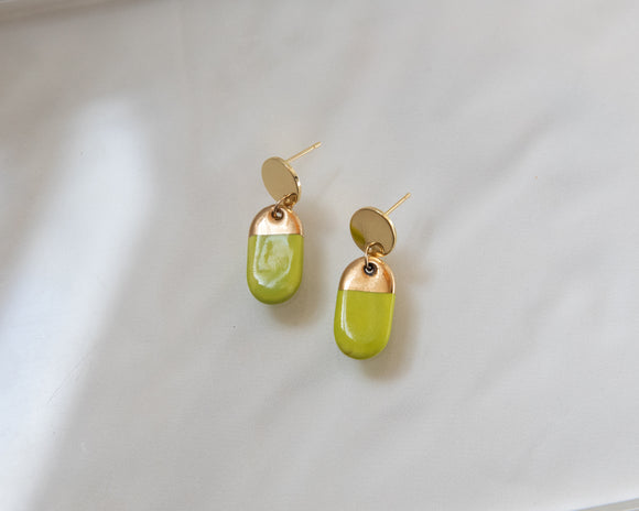 Porcelain and Gold Neon Green Oval Drop Earrings