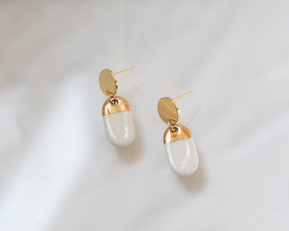 Porcelain and Gold White Oval Drop Earrings