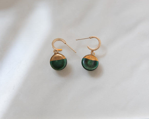 Porcelain and Gold Green Drop Earrings with Gold Huggie Hoops