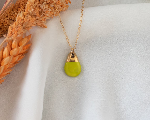 Neon Green Porcelain Teardrop Necklace with Gold Detail