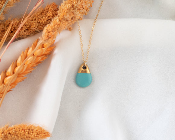 Turquoise Porcelain Teardrop Necklace with Gold Detail