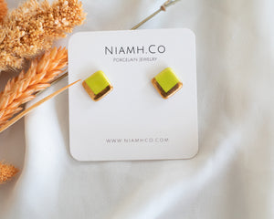 Gold and Porcelain Neon Green Square Studs