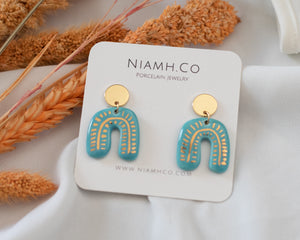 Porcelain and Gold Turquoise Drop Arch Earrings