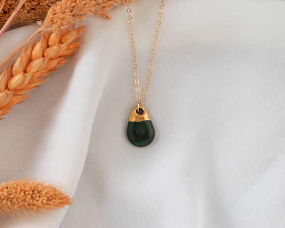 Green Porcelain Teardrop Necklace with Gold Detail