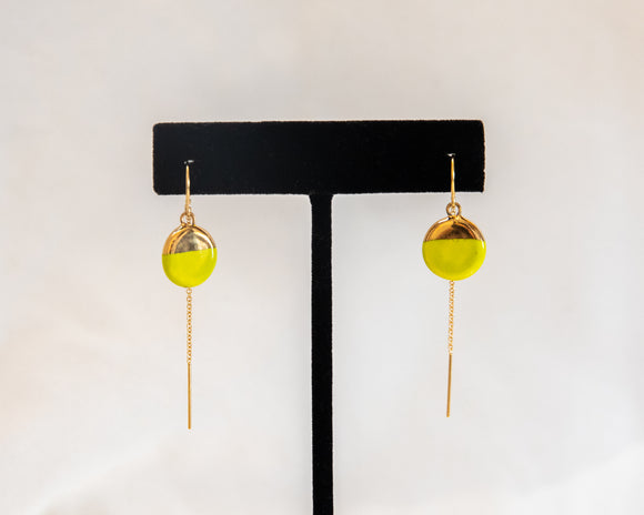 Porcelain Drop Gold Neon Green Threader Earrings