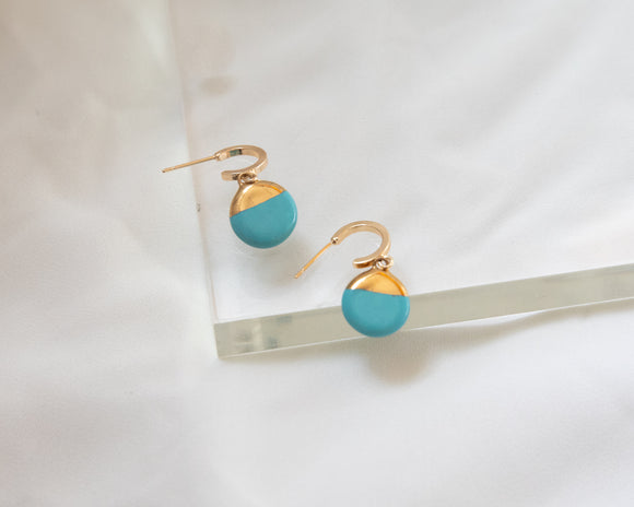 Porcelain and Gold Turquoise Drop Earrings with Gold Huggie Hoops