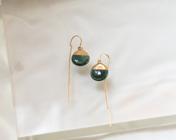 Porcelain Drop Gold Green Threader Earrings