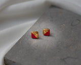 Gold and Porcelain Red Mini Square Studs