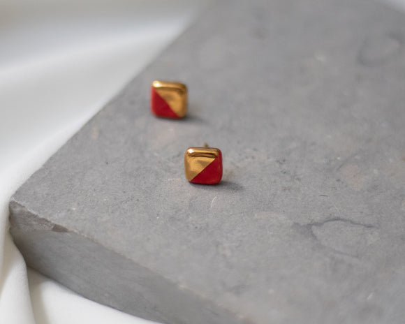 Gold and Porcelain Red Mini Square Studs