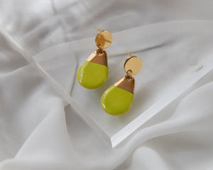 Chartreuse and gold statement porcelain teardrop drop earrings